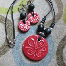 Set - Red Ceramic Pendant m/ Matching Earrings