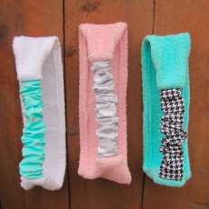 handmade set of 3 cotton terry cloth spa stretch headband. pink, white and tiffany blue terry cloth