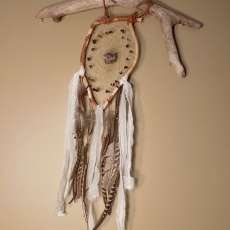Large driftwood dream catcher with natural feather, genuine amethyst crystal and tigers eye gemstone chips