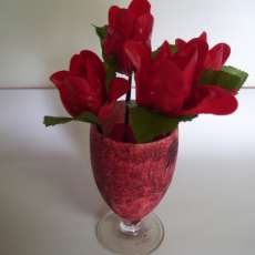 3 Handmade Red roses with glass Vase.