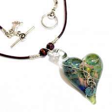 Whimiscal Boho Heart Hand Blown Glass Heart Pendant with Patina'd Clam Charm Leather Cord Necklace b
