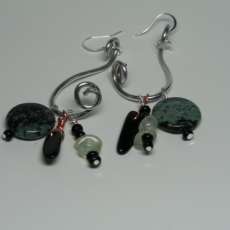 Twisted  green and black gemstone dangle earrings with silver earwires