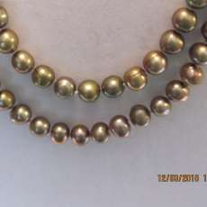 golden green freshwater pearls, high luster, double strand