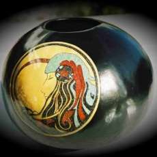 Moon Maiden.  Polychrome.  Very large inlaid (epoxy) gourd.  Turquoise, Metal flake, Inlace, Analine