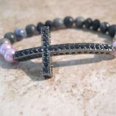 Handmade Bracelet, Large Black Rhinestone Cross, Glass Beads, Stretch