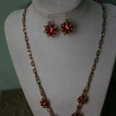 Red and gold rivoli flower necklace and earrings set