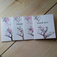 Handmade mixed media and letterpress Thank you card | pink or gray text with white and pink flower M