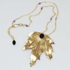 Double "Leaf" Etched Brass Pendant Necklace with Amethyst Cabochon