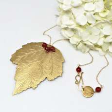 Brass "Maple Leaf" Necklace with Carnelian "Berry" Cluster
