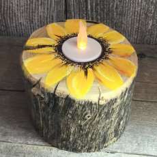 Hand painted sunflower on Cottonwood log with tea light