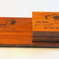 Cat Lover's Laser Engraved Handcrafted Hardwood Coaster Set with Cheese Board