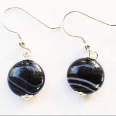 Banded Black and White Onyx Gemstone Puff Sterling Silver Earrings