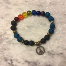 Stretch Bead lava, glass and metal bead bracelet with peace charm