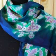 Handpainted Blue/Green Floral Batik Silk Scarf