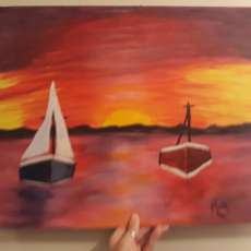 Sailing Boats in Sunset 16x20 canvas board