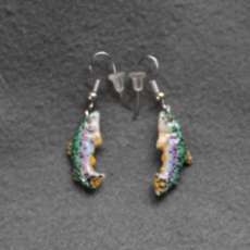 Sculpted Bone Rainbow Trout Earrings, Hand Painted