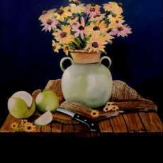 Vase with Flowers on table with Pears