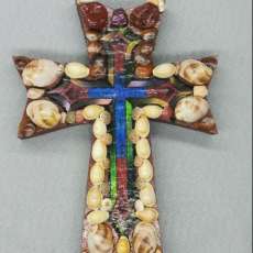 Wood Cross Multi Colored Seashell Slightly Irregular