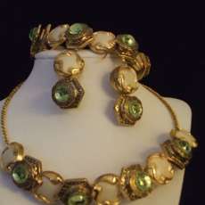 Peridot and Pearl Vintage-style Buttons Costume Jewelry Set--Necklace,Bracelet and Earrings