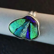 Emerald Green & Blue Butterfly Wing Mosaic Ring; Size 6
