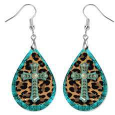 2.5" Double Sided Cheetah, Turquoise & Cross Statement Earrings