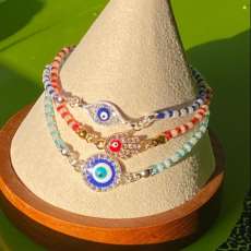 Glass Seed Bead and Crystal Evil Eye Stretch Bracelet