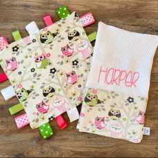 Personalized owl themed baby blanket and burp cloth set