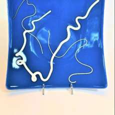 7" x 7" Azure Blue and White Abstract Fused Glass Plate