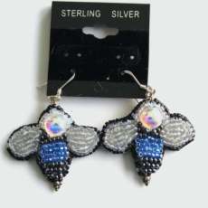 Bead Embroidered Blue and Gray Bumble Bee Hanging Pierced Earrings