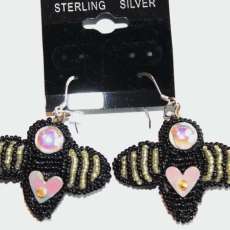 Bead Embroidered Black and Yellow Bumble Bee Pierced Earrings