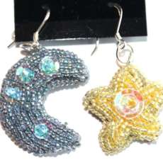 Bead Embroidered Star and Moon Hanging Pierced Earrings