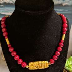 Red & Gold, Elegant Coral Necklace, Earrings set, Gold Glass bead, Large Red Coral, Artisan Design