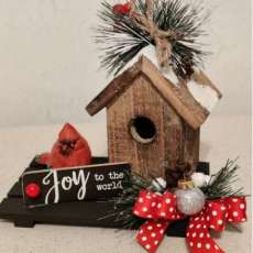 "Joy to the World" rustic birdhouse with cardinal