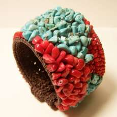 Handmade Turquoise, Coral, Crystal Glass Beads on Cotton Wax Cord Cuff Bracelet