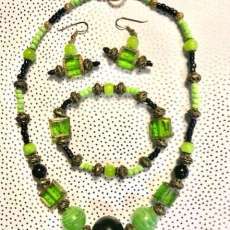 Bright Green Glass & Brass Necklace, Bracelet & Earrings Set