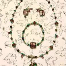 Mother Of Pearl Pendant, Teal & Amethyst Glass Beaded Necklace, Bracelet Earrings Set