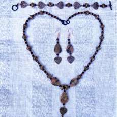 Heart Pendants of Rose Agate, Antique Copper, Glass Beaded Necklace, Bracelet, Earrings Set