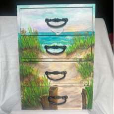 Hand Painted 4 drawer chest-jewelry/trinket box, organizer nautical theme, beach scene