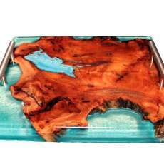 Handcrafted Chinese Elm wood and Cyan Epoxy Resin Serving Tray