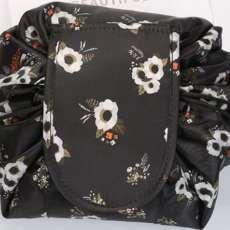 Drawstring Makeup Bag - Black Flowers