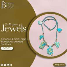 Turquoise & Gold Large Stone Beaded Necklace
