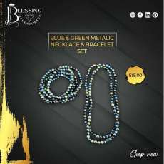 Blue & Green Metallic Necklace & Bracelet Set