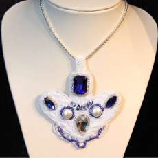 Sapphire Blue Rhinestone and Bead Embroidered Heart Pendant on Faux Pearl Necklace