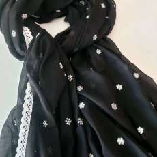 Black with White Embroidered Flowers Muslin Cotton scarf