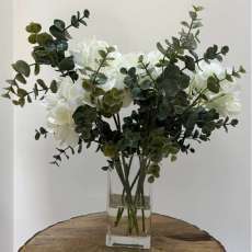 Hydrangeas and Eucalyptus in Cube Vase
