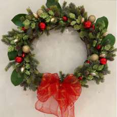 Christmas Wreath with Magnolias, Ornamental Balls & Mesh Bow