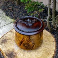 Oak lidded bowl box with carved teak lid