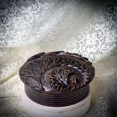 Unique wood turned Teak colored, carved lidded box, bowl with carved lid, fractal design 2051