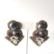 Bead Embroidered Bronze Bead and Pearl Pierced Earrings