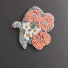 BEAD EMBROIDERED SILVER AND CORAL BUTTERFLY PIN/BROOCH